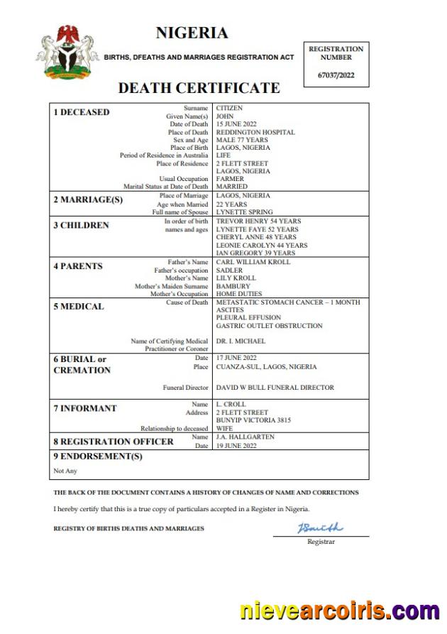 Nigeria vital record death certificate